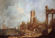 Francesco Guardi Hamnstad with classical ruins Italy oil painting on canvas